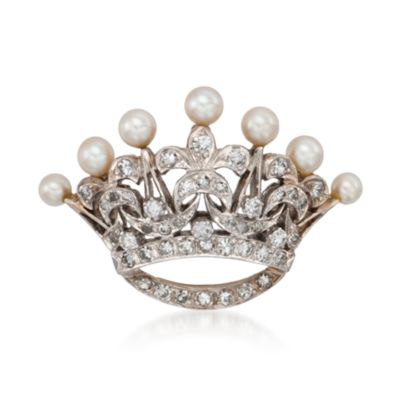 C. 1960 Vintage Cultured Pearl and .95 ct. t.w. Diamond Crown Motif Pin Pendant in 14kt Two-Tone Gold &mdash; Alt Image 1