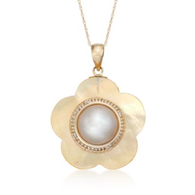 Yellow Mother-Of-Pearl and Cultured Mabe Pearl Flower Pendant Necklace in 14kt Yellow Gold. 18" &mdash; Alt Image 1