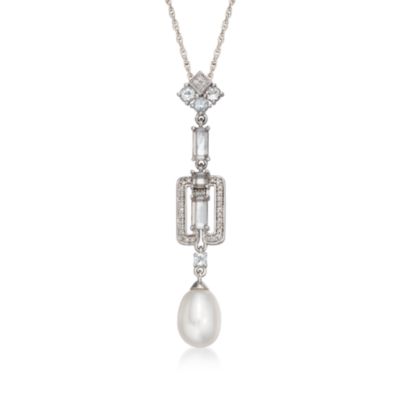 Cultured Pearl and White Topaz Drop Necklace With Rock Crystal in Sterling Silver. 18" &mdash; Alt Image 1