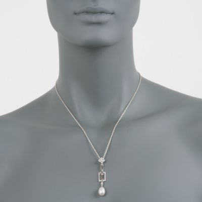 Cultured Pearl and White Topaz Drop Necklace With Rock Crystal in Sterling Silver. 18" &mdash; Alt Image 2