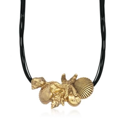 24kt Gold Over Sterling Starfish and Seashells Centerpiece Necklace on Leather Cords. 18.5" &mdash; Alt Image 1