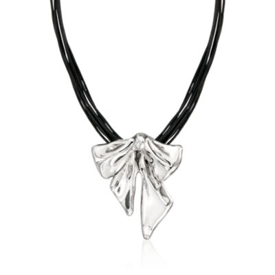Sterling Silver Bow Pendant Necklace With Multi-Strand Black Leather Cords. 18.5" &mdash; Alt Image 1