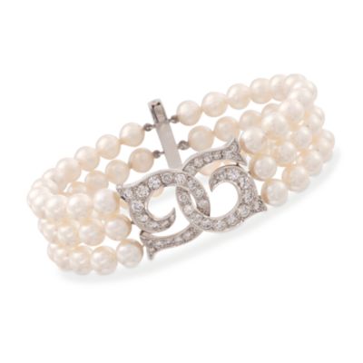C. 1980 Vintage 6-6.5mm Cultured Pearl and 2.50 ct. t.w. Diamond Bracelet in Platinum. 7.5" &mdash; Alt Image 1