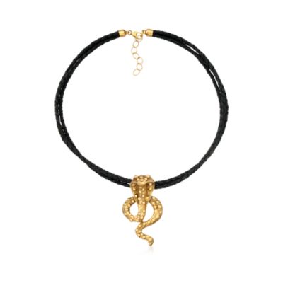 24kt Gold Over Sterling  Snake Pendant Necklace on Black Leather Cords. 18.5" &mdash; Alt Image 1