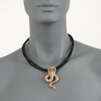 24kt Gold Over Sterling  Snake Pendant Necklace on Black Leather Cords. 18.5" &mdash; Alt Image 2