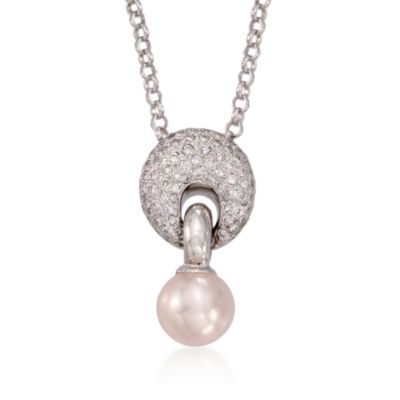 C. 1990 Vintage 7.9mm Cultured Pearl and .50 ct. t.w. Diamond Pendant Necklace in 14kt White Gold. 16.25" &mdash; Alt Image 1