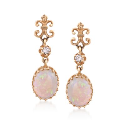 C. 1980 Vintage Cabochon Opal and .15 ct. t.w. Diamond Drop Earrings in 14kt Yellow Gold &mdash; Alt Image 1