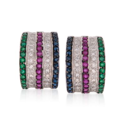 C. 1980 Vintage 1.35 ct. t.w. Multi-Gem and .75 ct. t.w. Diamond Hoop Earrings in 14kt White Gold &mdash; Alt Image 1