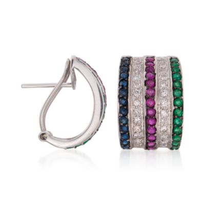 C. 1980 Vintage 1.35 ct. t.w. Multi-Gem and .75 ct. t.w. Diamond Hoop Earrings in 14kt White Gold &mdash; Alt Image 3