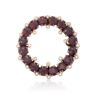 C. 1950 Vintage 1.5-2mm Cultured Pearl and 4.25 ct. t.w. Garnet Open Circle Pin &mdash; Alt Image 1
