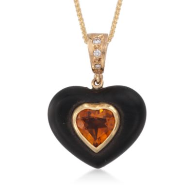 C. 1980 Vintage 1.00 Carat Heart-Shaped Citrine and Diamond Pendant Necklace in Brown Glass and 14kt Yellow Gold. 18" &mdash; Alt Image 1