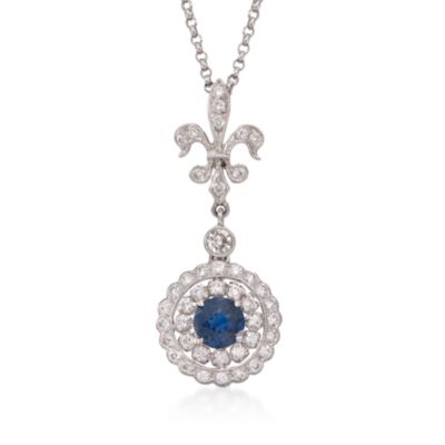 C. 2000 Vintage .55 Carat Sapphire and .50 ct. t.w. Diamond Fleur-De-Lis Pendant Necklace in 14kt White Gold. 16" &mdash; Alt Image 1