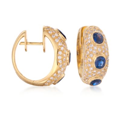 C. 1990 Vintage 2.30 ct. t.w. Sapphire and 1.70 ct. t.w. Diamond Hoop Earrings in 18kt Yellow Gold &mdash; Alt Image 1