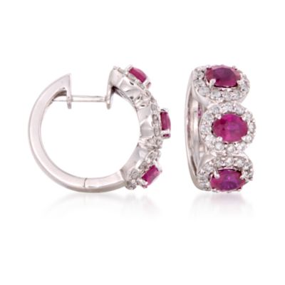 C. 2000 Vintage 2.40 ct. t.w. Ruby and 1.25 ct. t.w. Diamond Hoop Earrings in 18kt White Gold &mdash; Alt Image 1