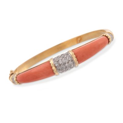 C. 1980 Vintage Carved Coral and .50 ct. t.w. Diamond Bangle Bracelet in 18kt Yellow Gold. 6.5" &mdash; Alt Image 1