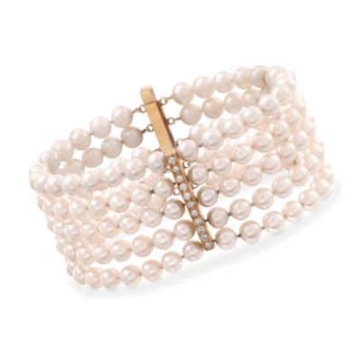 C. 1960 Vintage 5.5-6mm Multi-Strand Cultured Pearl and 1.80 ct. t.w. Diamond Bracelet in 18kt Yellow Gold. 7.5" &mdash; Alt Image 1
