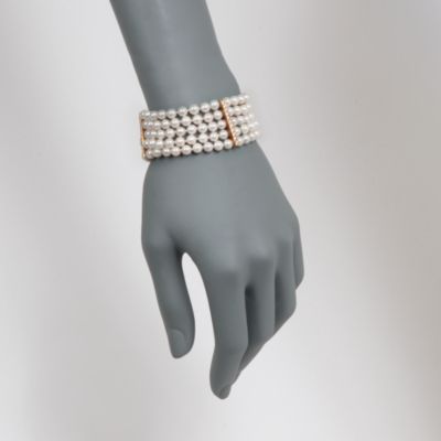 C. 1960 Vintage 5.5-6mm Multi-Strand Cultured Pearl and 1.80 ct. t.w. Diamond Bracelet in 18kt Yellow Gold. 7.5" &mdash; Alt Image 2