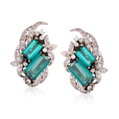 C. 1950 Vintage 8.80 ct. t.w. Green Tourmaline and 1.40 ct. t.w. Diamond Earrings in Two-Tone &mdash; Alt Image 1