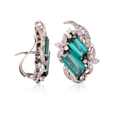 C. 1950 Vintage 8.80 ct. t.w. Green Tourmaline and 1.40 ct. t.w. Diamond Earrings in Two-Tone &mdash; Alt Image 3