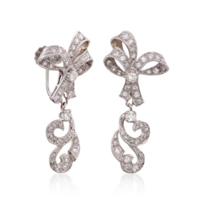 C. 1990 Vintage 1.50 ct. t.w. Diamond Bow Drop Earrings in 14kt White Gold &mdash; Alt Image 3