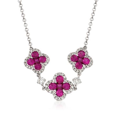 Gregg Ruth 1.63 ct. t.w. Ruby and .50 ct. t.w. Diamond Floral Necklace in 18kt White Gold. 16" &mdash; Alt Image 1