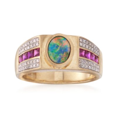 C. 1980 Vintage Cabochon Opal Ring With Diamonds and Rubies in 14kt Yellow Gold. Size 10.5 &mdash; Alt Image 1