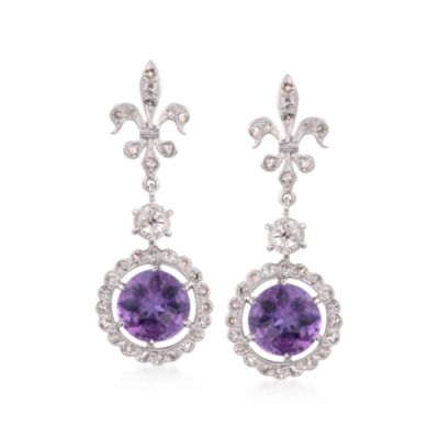 C. 2000 Vintage 3.20 ct. t.w. Amethyst and 1.00 ct. t.w. Diamond Fleur-De-Lis Earrings in 14kt White Gold  &mdash; Alt Image 1