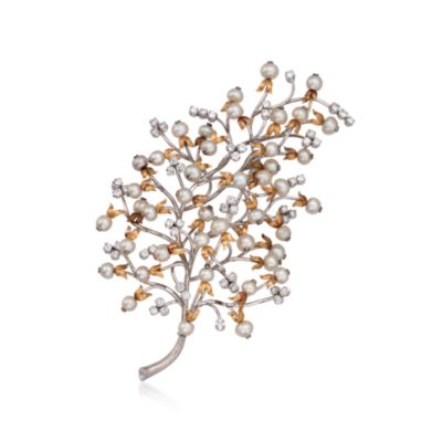 C. 1990 Vintage 5-6.5mm Cultured Pearl and 3.50 ct. t.w. Diamond Floral Pin in 18kt Two-Tone Gold &mdash; Alt Image 1