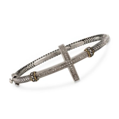 Andrea Candela Diamond Sideways Cross Bangle Bracelet in Two-Tone. 7" &mdash; Alt Image 1