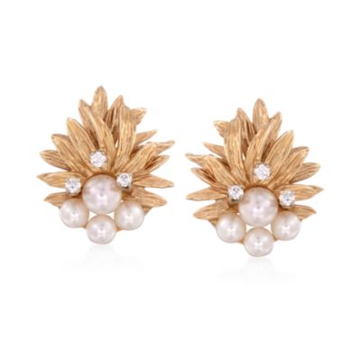 C. 1970 Vintage Cultured Pearl and .25 ct. t.w. Diamond Floral Earrings in 14kt Yellow Gold &mdash; Alt Image 1