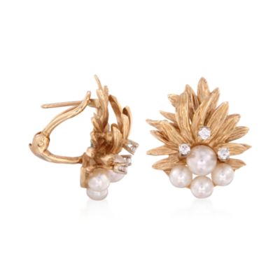 C. 1970 Vintage Cultured Pearl and .25 ct. t.w. Diamond Floral Earrings in 14kt Yellow Gold &mdash; Alt Image 3