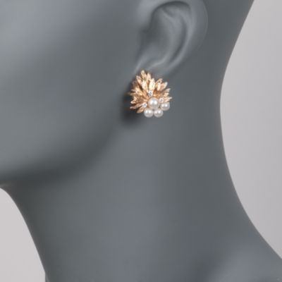 C. 1970 Vintage Cultured Pearl and .25 ct. t.w. Diamond Floral Earrings in 14kt Yellow Gold &mdash; Alt Image 2