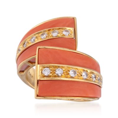 C. 1980 Vintage Coral and .50 ct. t.w. Diamond Bypass Ring in 18kt Yellow Gold. Size 7.5 &mdash; Alt Image 1
