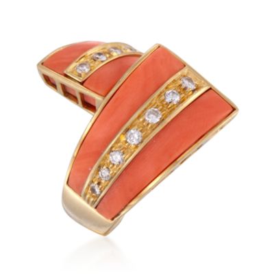 C. 1980 Vintage Coral and .50 ct. t.w. Diamond Bypass Ring in 18kt Yellow Gold. Size 7.5 &mdash; Alt Image 3