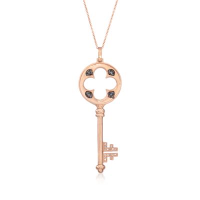 C. 2000 Vintage Black and White Diamond Key Pendant Necklace in 14kt Rose Gold. 18" &mdash; Alt Image 1