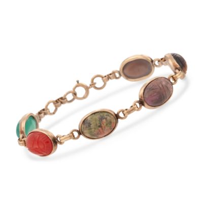 C. 1970 Vintage Multicolored Carved Scarab Bracelet in 14kt Yellow Gold. 7" &mdash; Alt Image 1