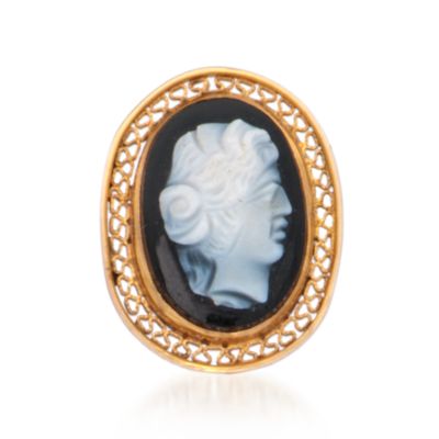 C. 1940 Vintage Black and White Carved Agate Cameo Pin in 14kt Yellow Gold  &mdash; Alt Image 2