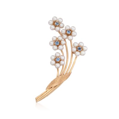 C. 1960 Vintage 3mm Cultured Pearl and .45 ct. t.w. Sapphire Floral Pin in 14kt Yellow Gold &mdash; Alt Image 1