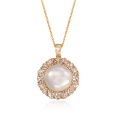 C. 1980 Vintage 13.5mm Cultured Mabe Pearl and .25 ct. t.w. Diamond Pendant Necklace in 14kt Yellow Gold. 18" &mdash; Alt Image 1