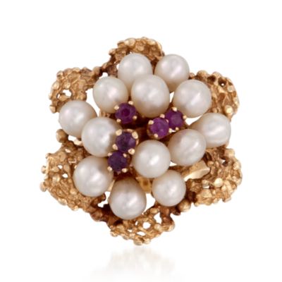 C. 1970 Vintage Cultured Pearl and .40 ct. t.w. Ruby Cluster Ring in 14kt Yellow Gold. Size 6 &mdash; Alt Image 1