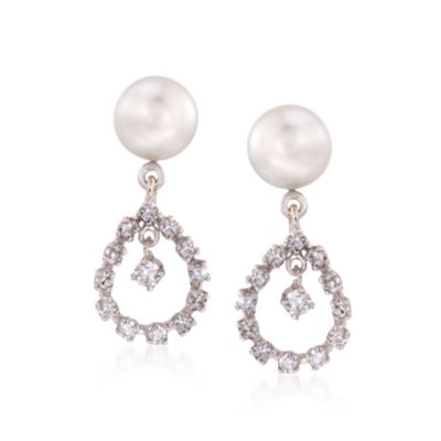 C. 1990 Vintage Cultured Pearl and .80 ct. t.w. Diamond Drop Earrings in 14kt White Gold &mdash; Alt Image 1