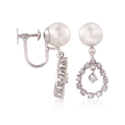 C. 1990 Vintage Cultured Pearl and .80 ct. t.w. Diamond Drop Earrings in 14kt White Gold &mdash; Alt Image 3