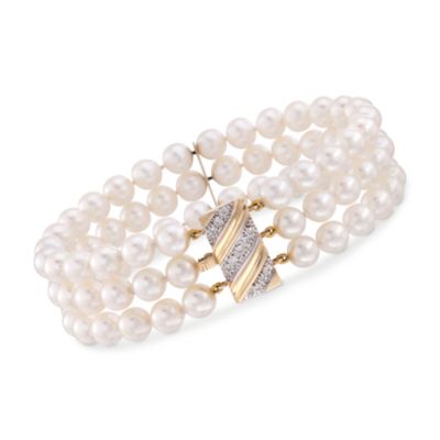 C. 1980 Vintage 3-Row Cultured Pearl Bracelet With Diamonds in 14kt Yellow Gold. 7.5" &mdash; Alt Image 1