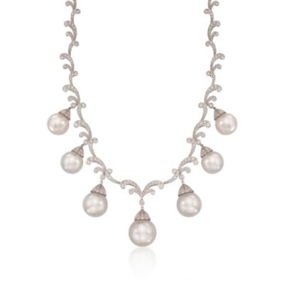South Sea Pearl and 12.15 ct. t.w. Diamond Necklace in 18kt White Gold. 16" &mdash; Alt Image 1