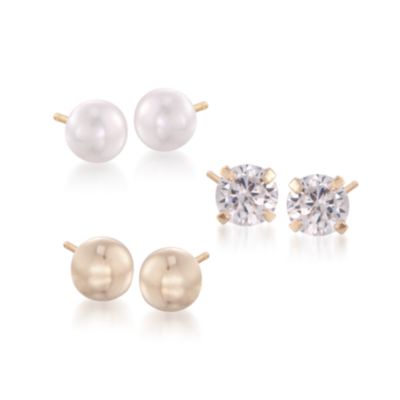 Set of Three Pairs of Earrings With Cultured Pearls and CZs in 14kt Yellow Gold  &mdash; Alt Image 1