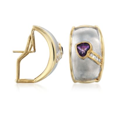 C. 1990 Vintage Denoir 1.00 ct. t.w. Amethyst Heart Hoop Earrings With Diamonds in 14kt Two-Tone Gold &mdash; Alt Image 3