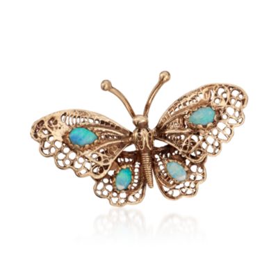 C. 1970 Vintage Cabochon Opal Butterfly Pin in 14kt Yellow Gold &mdash; Alt Image 1