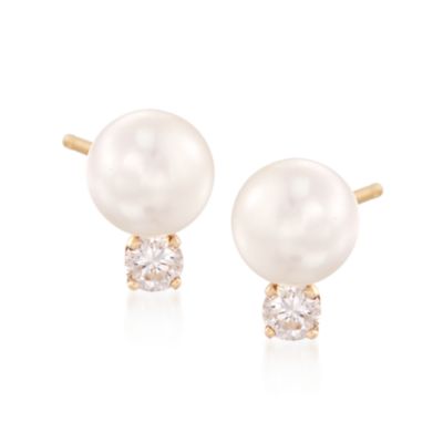 C. 1980 Vintage Cultured Pearl and .40 ct. t.w. Diamond Earrings in 14kt Yellow Gold &mdash; Alt Image 1