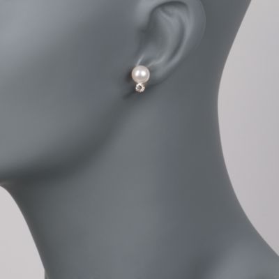 C. 1980 Vintage Cultured Pearl and .40 ct. t.w. Diamond Earrings in 14kt Yellow Gold &mdash; Alt Image 2