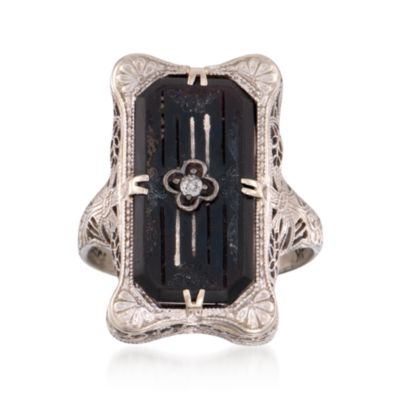C. 1950 Vintage Black Onyx and Diamond Dinner Ring in 14kt White Gold. Size 6.5 &mdash; Alt Image 1